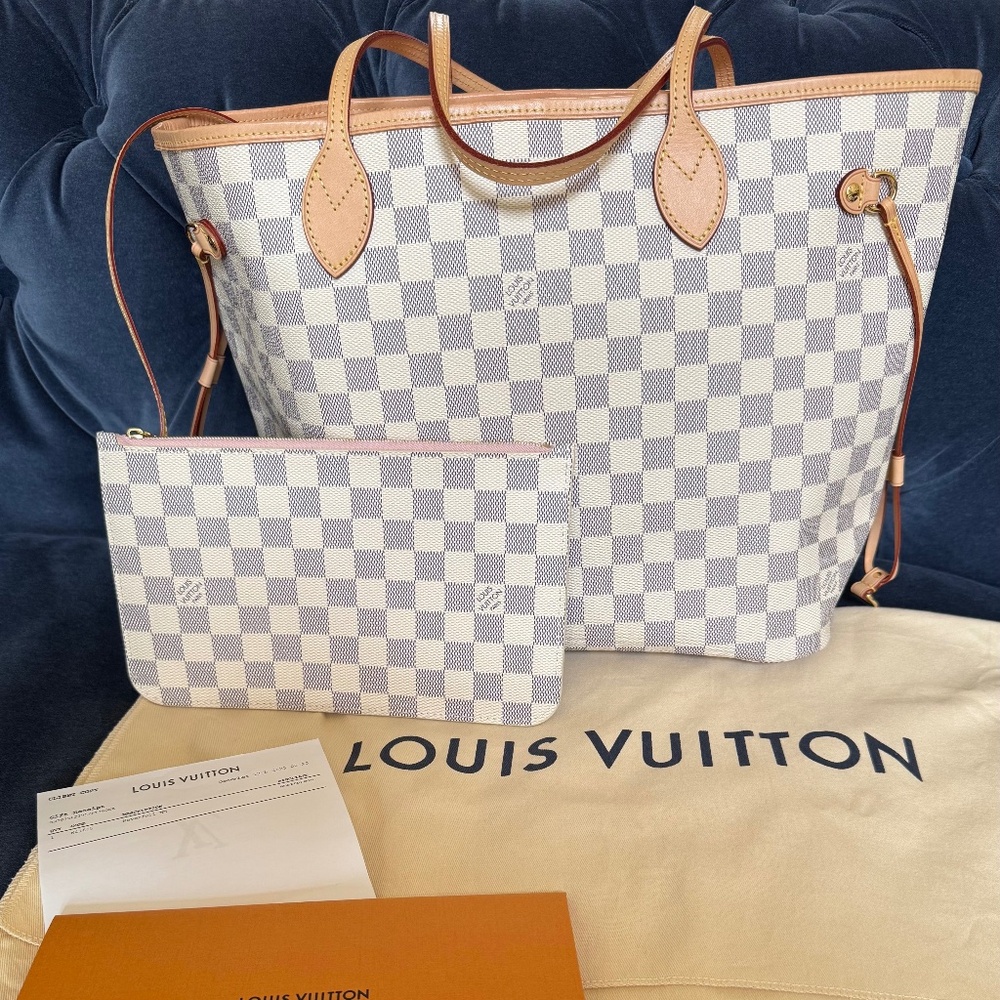 SOLD - Louis Vuitton Neverfull MM Damier Azur Tote Rose Ballerine Pink Lining